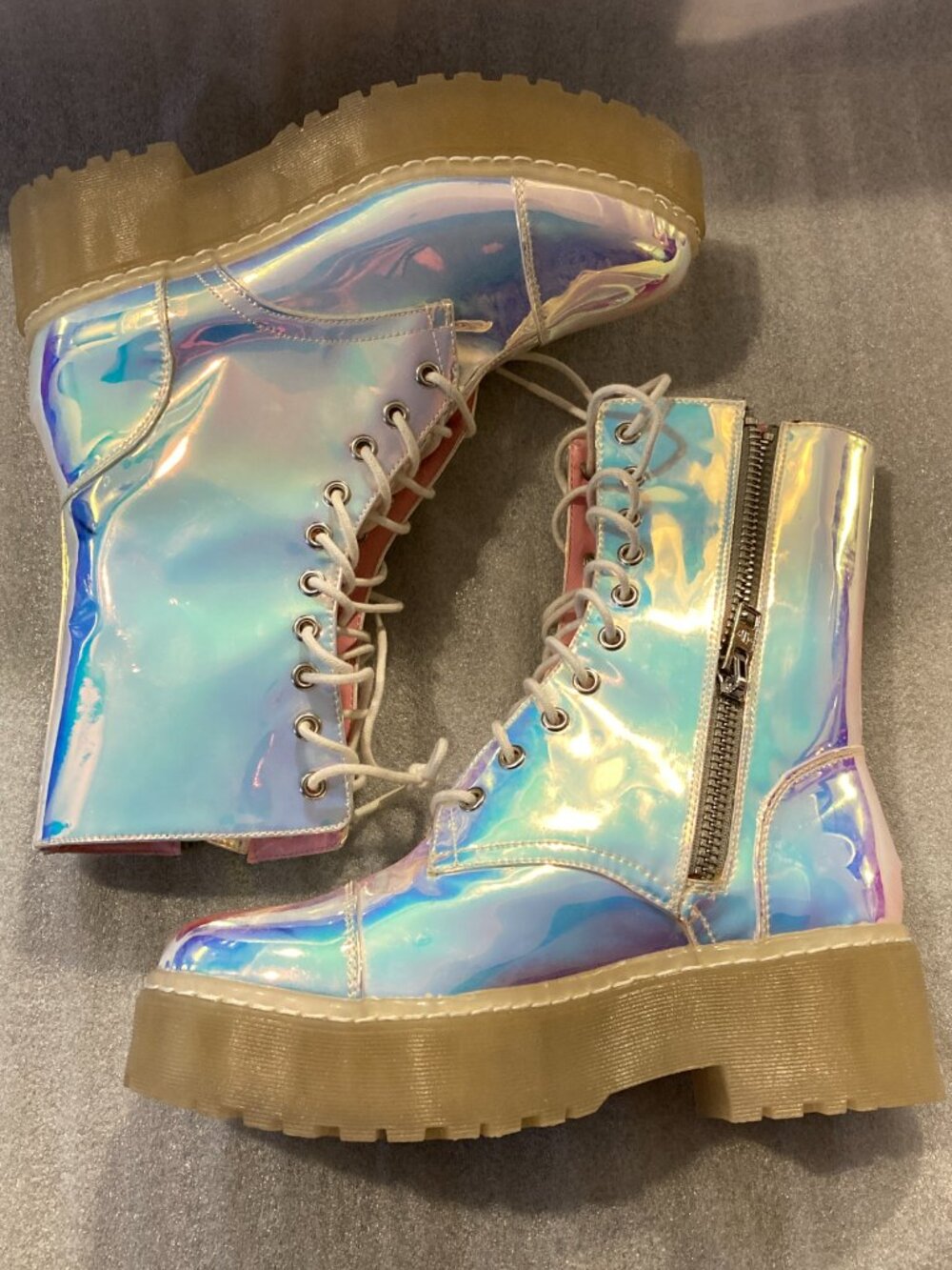 Dolls Kill Current Mood Holographic Iridescent Combat Boots - Picture 2 of 6